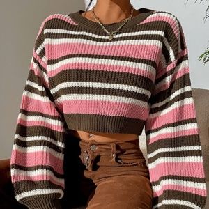 Block Striped Pattern Drop Shoulder Crop Sweater